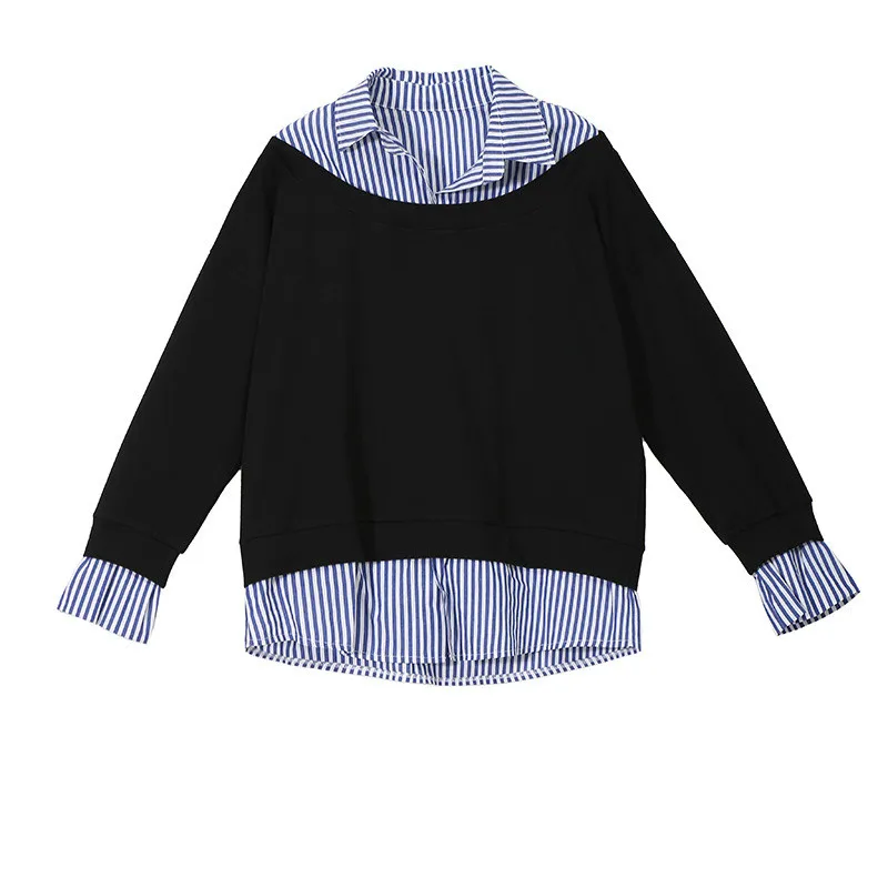 

Female Sweatshirt New Autumn/Winter Korean Style Long Sleeve Striped Chic Women Shirt Fake Two Piece Streetwear Sweatshirt