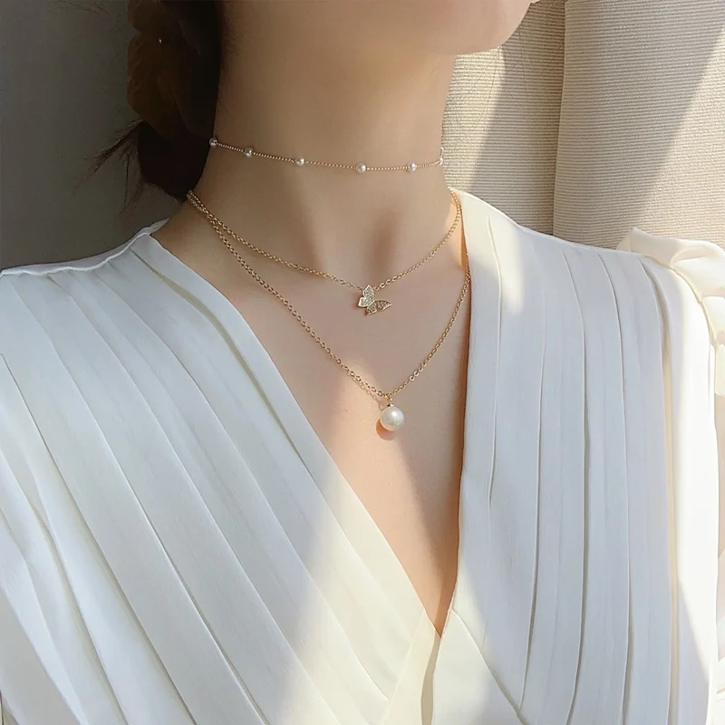

MENGJIQIAO Korean New Arrive Cute Zircon Butterfly Choker Necklace For Women Multi Layer Pearl Short Collares Jewelry Kolye