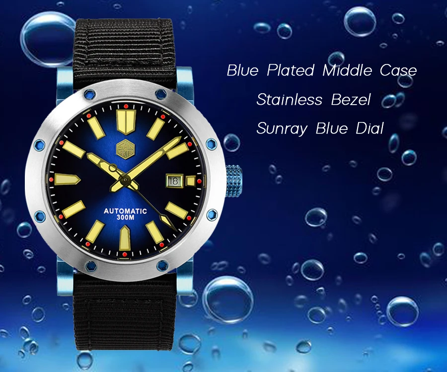 Lugyou San Martin мужские часы из нержавеющей стали механические PT5000 Водонепроницаемые Синие швабры прозрачные черные нейлоновые ремешок светящиеся стрелки