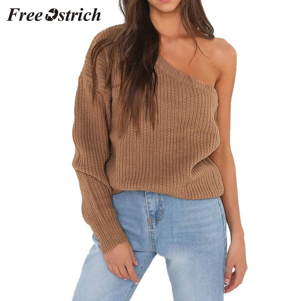 

FREE OSTRICH Women One Shoulder Long Sleeve Solid Color Autumn Winter Wild Loose Knit Sweater Jacket Casual Button Knit Sweater
