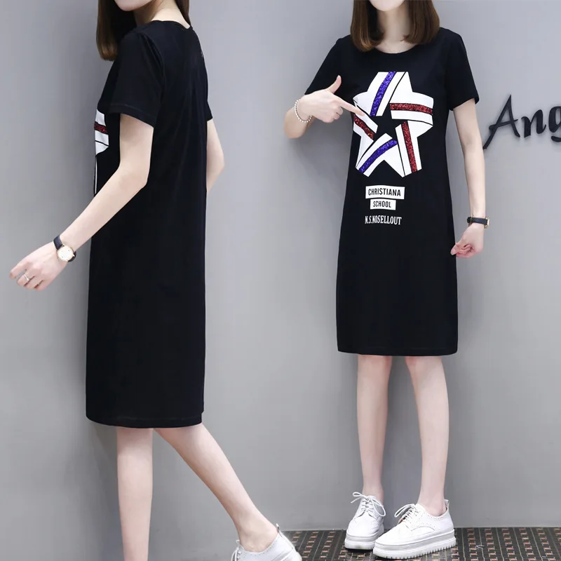 

Dress 2020 Spring New Style WOMEN'S Dress Summer Korean-style Large Size Mid-length Slim Fit Slimming Short Sleeve T-shirt Dress