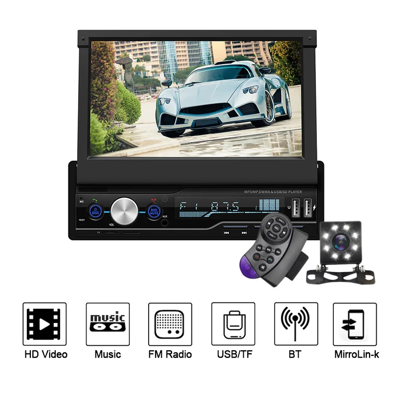 1Din 7-дюймовый 1080 HD ручной выдвижной сенсорный экран автомобильный мультимедийный