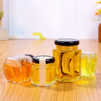 

10pcs 45ml Hexagon Transparent Glass Bottle 60g Honey Storage Bottle Empty Jar Nut Sugar Canister Tank for Home Kitchen