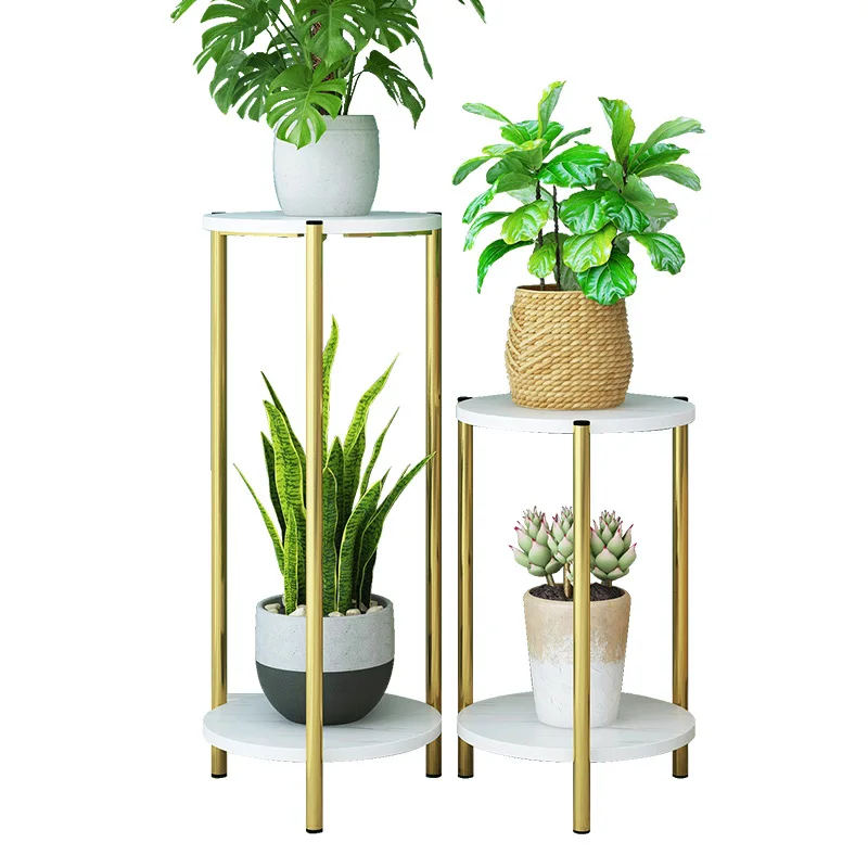Indoor Outdoor Gold Metal Plant Stand With Wood Base Iron Floor Flower