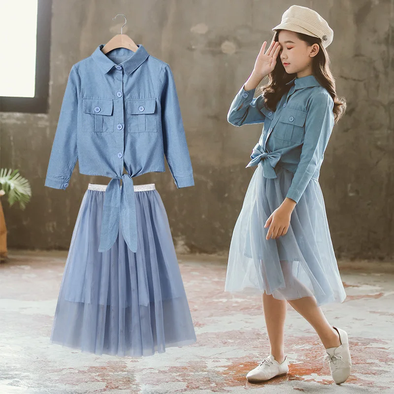 

Fashion Children Jeans Clothes Set Solid Blue Denim Shirt + Lacework Skirt Two Piece Sets 2020 Fall Outfits for Teenage 10 12Yrs