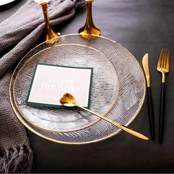 

Golden Edge Transparent Glass Plate Hammer Grain Western Steak Tray Plate Table Domestic Fruit Plate Decorative Tableware тарелк