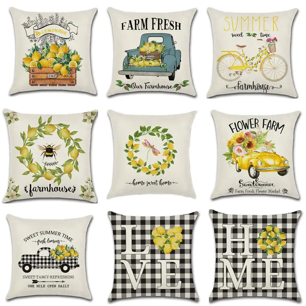 Летняя хлопковая льняная наволочка в клетку для дома с изображением лимонного