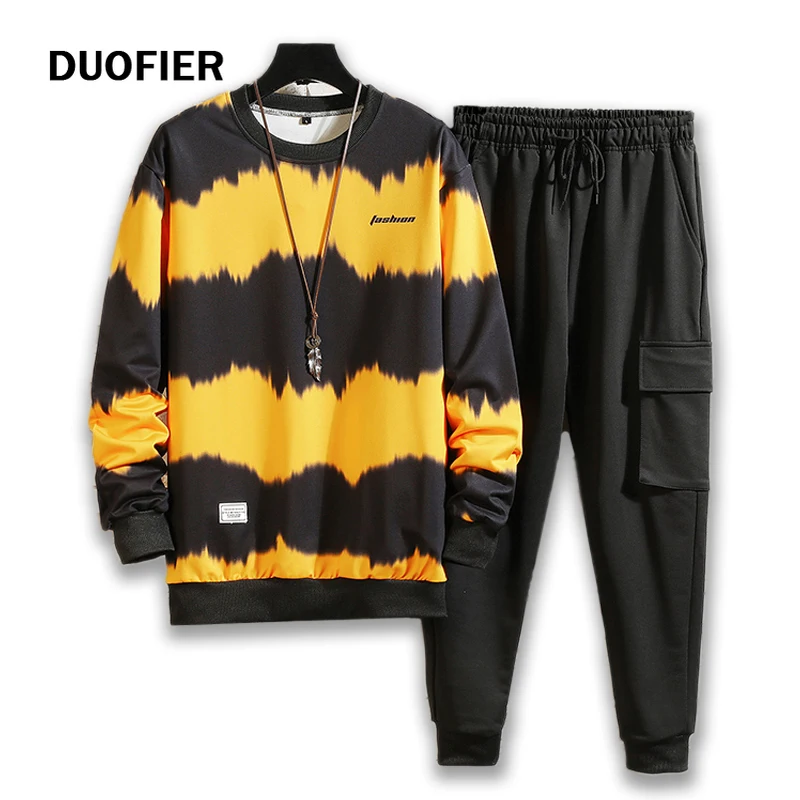 Casual Tracksuit Mens Sportswear-Sets Sweatpants Spring Streetwear Patchwork Male Autumn