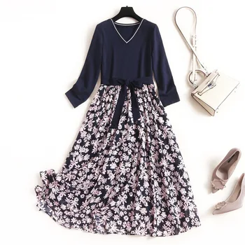 

Women casual summer dress new 2020 3/4 sleeve V-neck cotton jersey patchwork floral chiffon fit and flare dresses navy blue