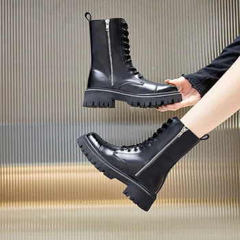 

Black Lace Up Boots Women Split Leather Ankle Boots for Women 2020 Fashion Motorcycle Boots Thick Platform Boots