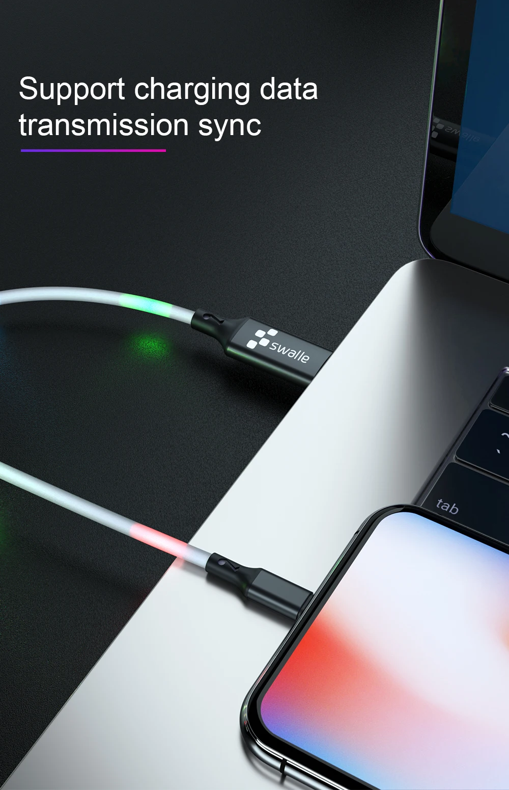 Swalle Голосовое управление СВЕТОДИОДНЫЙ свет вспышка танец Быстрая зарядка USB кабель для type C Micro USB кабель samsung S9 S8 светодиодный зарядное устройство