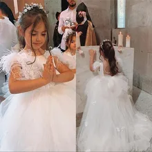 Новые милые платья с цветочным узором для девочек на свадьбу, кружевное платье без рукавов с аппликацией в виде перьев и бантом для девочек, детское платье для причастия