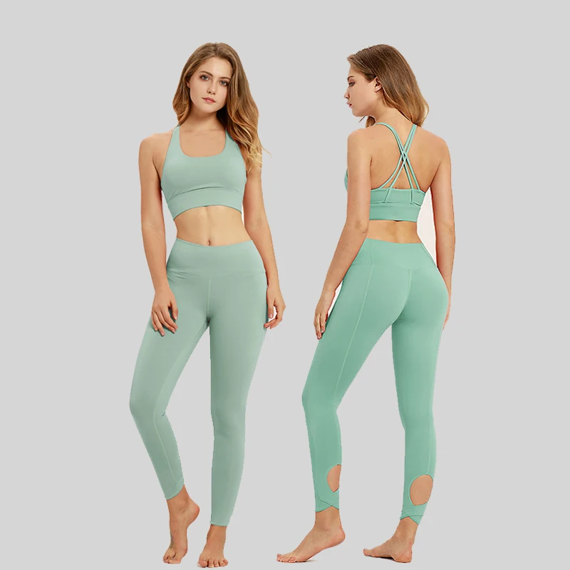 

Woman Gym Leggings Padded Push-up Strappy Sports Bra 2 Pcs Sports Suits Quick Dry Training Running Dancing Suit
