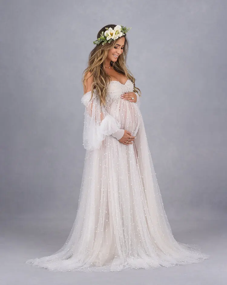 Off The Shoulder Maternity Dresses For Photoshoot Pearls Long Sleeves Nightgown | eBay Off The Shoulder Maternity Dresses For Photoshoot Pearls Long Sleeves Nightgown | eBay