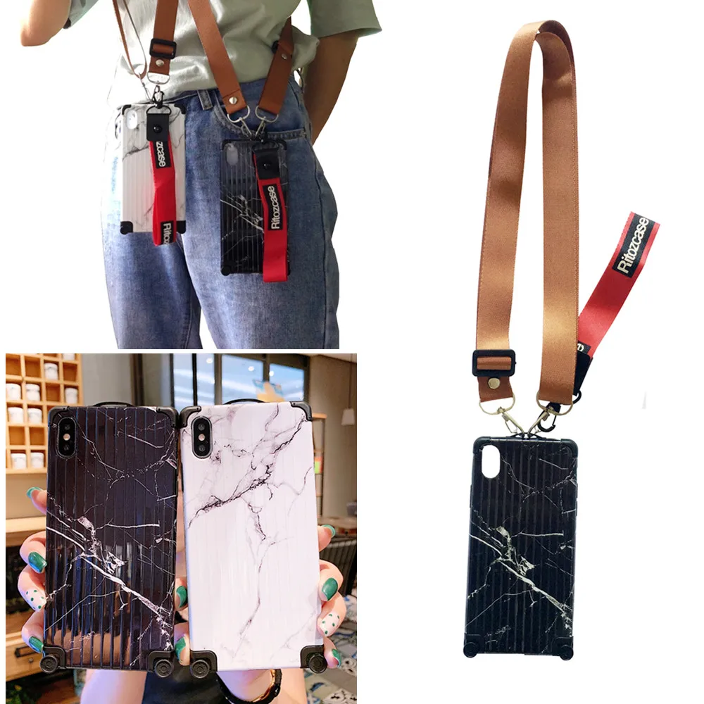 

marble Anti-knock strap tpu case for iphone 8 7 6s 6 plus X XR XS MAX case cover 3D luggage shoulder lanyard soft silicon phone