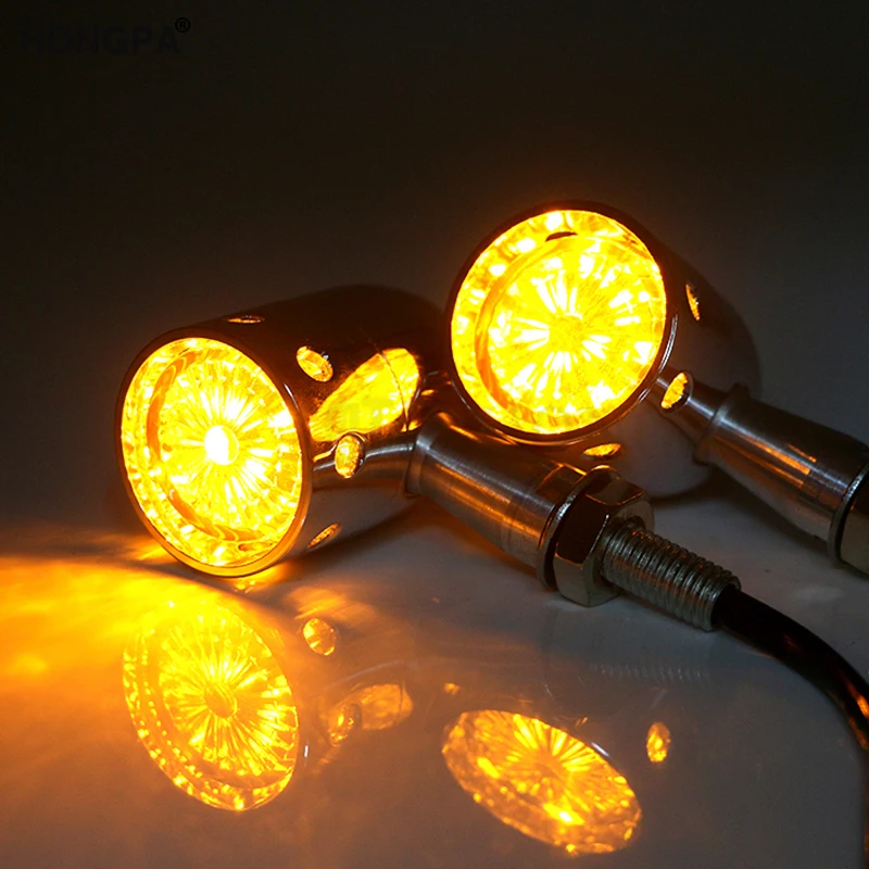 Motorcycle Black Chrome Cast Aluminum Drilled Indicators LED Turn Signals Cafe Racer Retro for Choppers 10mm Hole