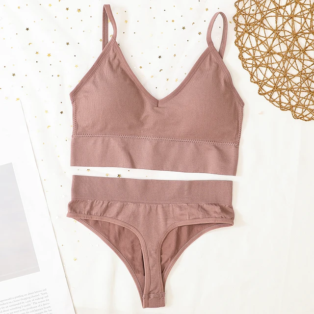 Women Bra And Panties Set Sports Bra Set Sexy G-String Seamless Bra Thong Sexy Lingerie Set Fitness Crop Top Underwear Intimates thong-bean paste