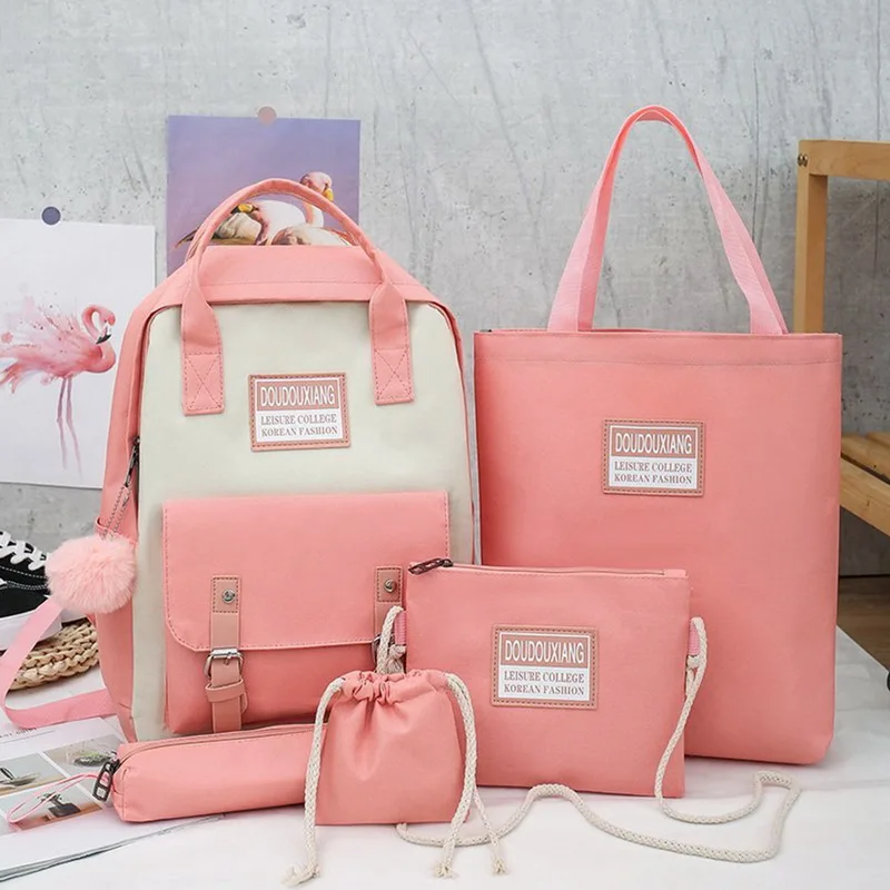 

5 Pieces Set High School Bags for Teenage Girls 2020 Canvas Travel Backpack Women Bookbags Teen Student Schoolbag Bolsas Escolar