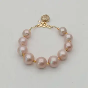 

8'' 11-12MM Purple Keshi Edison Pearl Bracelet CZ Pave Pendant For Women Girl Birthday toggle clasp Jewelry Brazalete Mujer