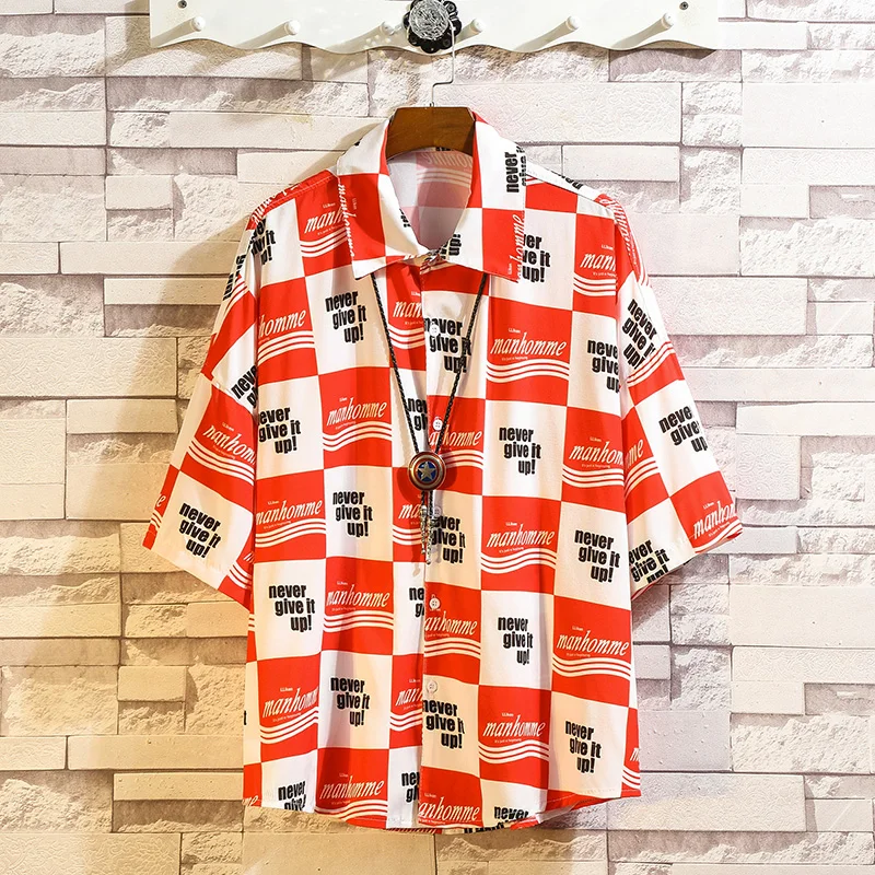 

2019 Summer Hip Hop Shirt Male Short Sleeve Suit Male Tide Brand XL Loose Trend Print Five-point Sleeve Shirt 50CS