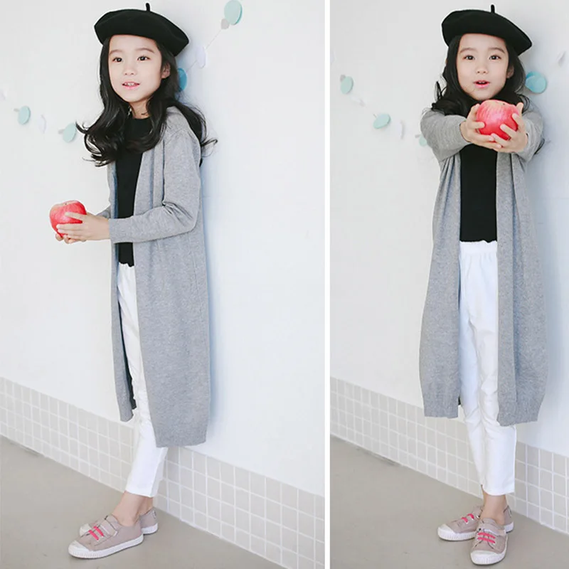 

2019 Fashion Girls Sweater Knitted Cardigan Coats Spring Autumn Long Knitting Solid Baby Big Girl Red Gray Black Knit Sweater
