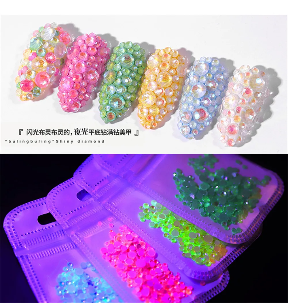 1 Pack Flatback Luminous Nail Rhinestones Mixed Sizes Crystal Shiny Nail Flat Drill Flash Gems Glass Nail Art Decorations Tools (3)