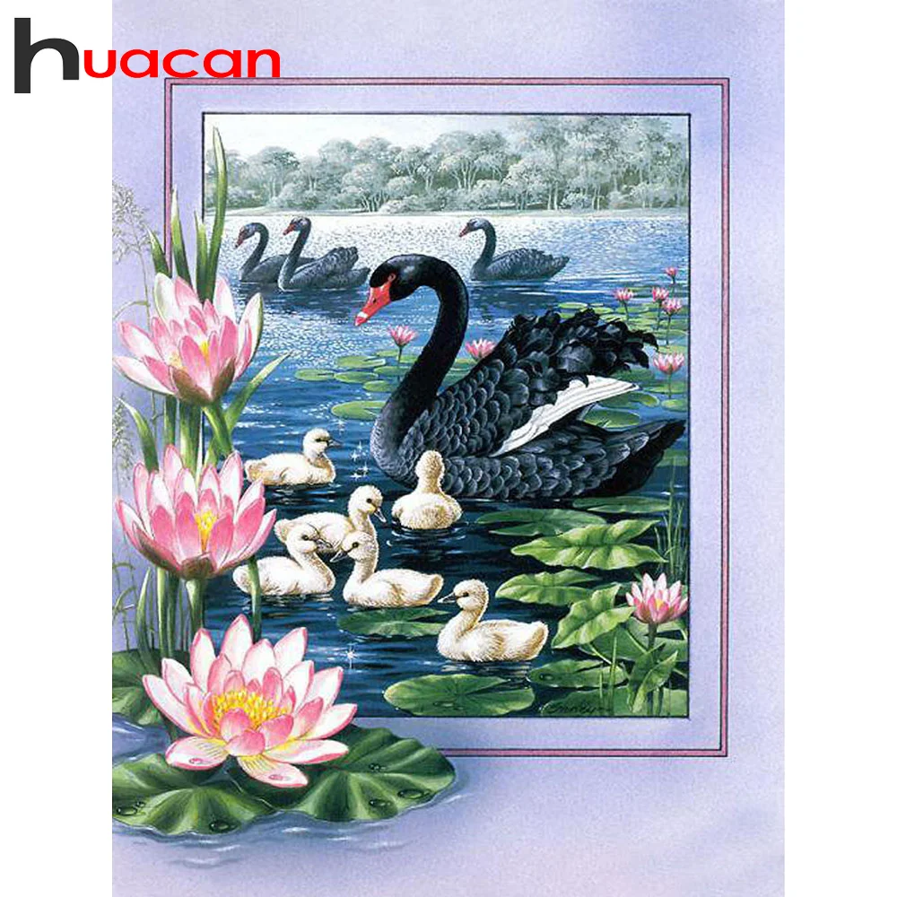 Huacan алмазная вышивка лебеди лотос живопись озеро цветы картины стразами природа