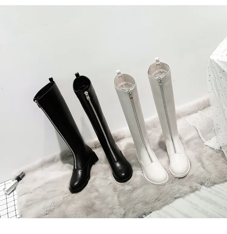 

New Style Black And White Semi-high Heeled Boots Front Zipper Thigh Boot Women's Simple Versatile round-Toe Handsome Biker Boo