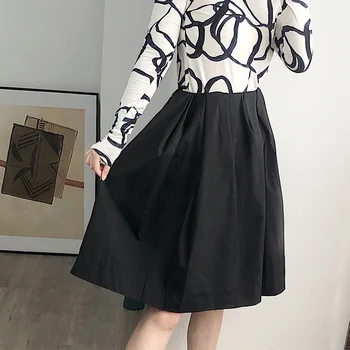

Women Black Knee-lenght Skirt Elastic High Waist Bud Wild A-line Skirts Summer New