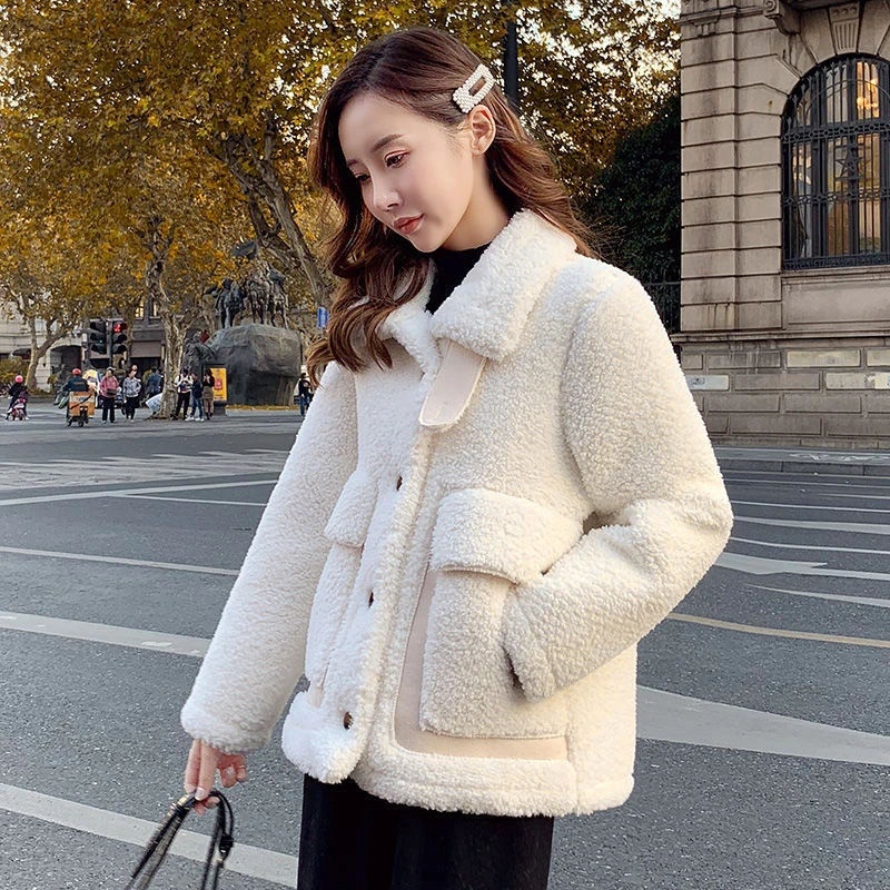 Chaqueta de lana gruesa para abrigo cálido de piel de oveja invierno, abrigo de piel una pieza, moda coreana, Traf que combina con todo, 2023|Lana y - AliExpress