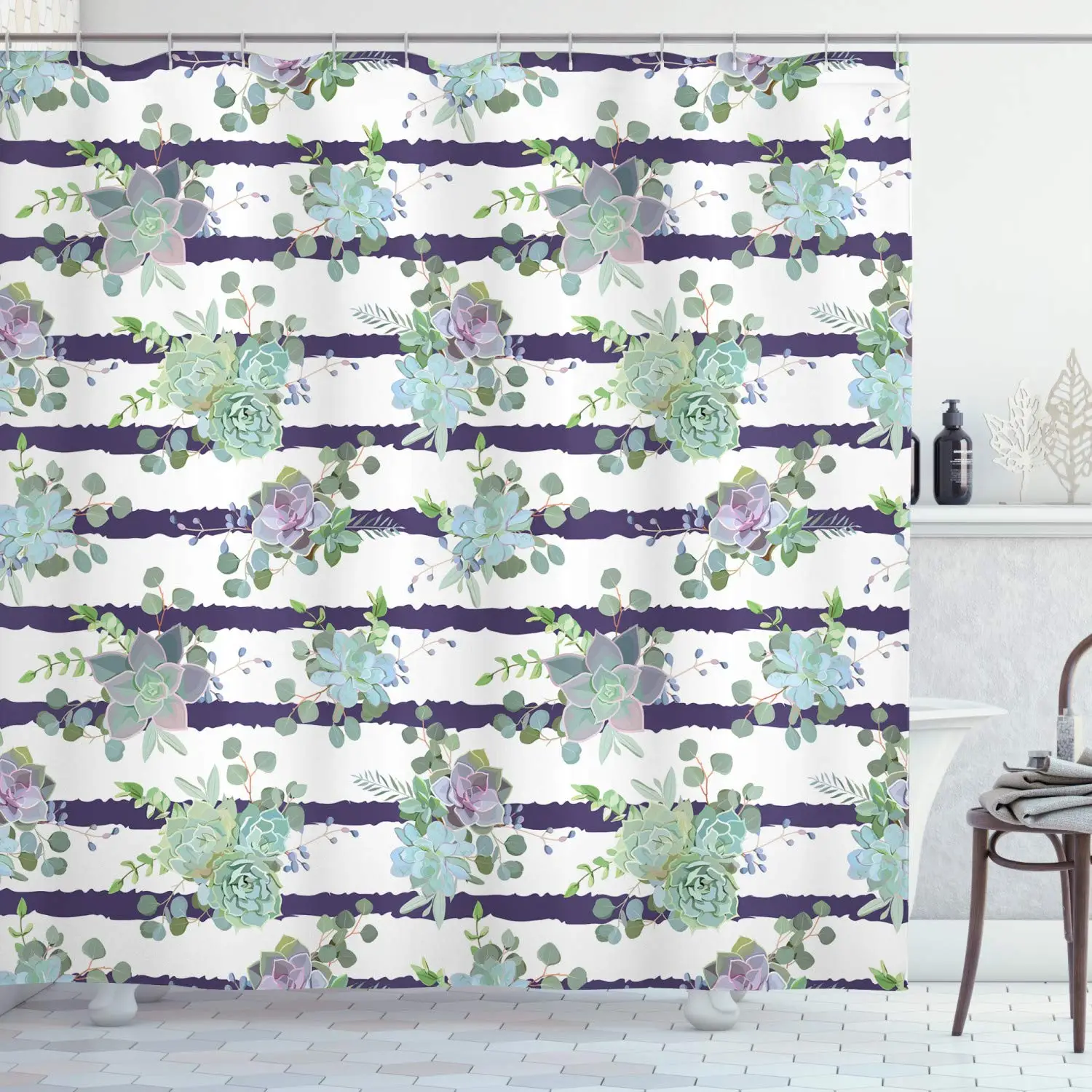 Succulent Shower Curtain by Natural Cactus Pattern in Modern Funky Style Striped Backdrop Fabric Bathroom Decor Set with Hooks | Дом и сад