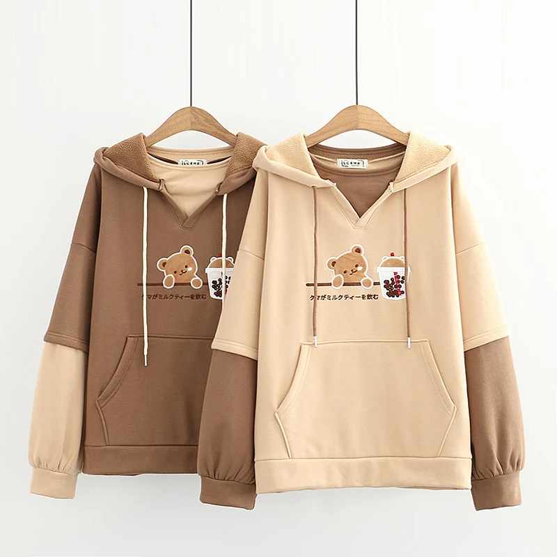 

Japanese Mori Girl Women Cute Bear Hooded Hoodies Winter Clothes Kawaii Fleece Warm Anime Sweatshirt Teen Girl's Loose Pullovers