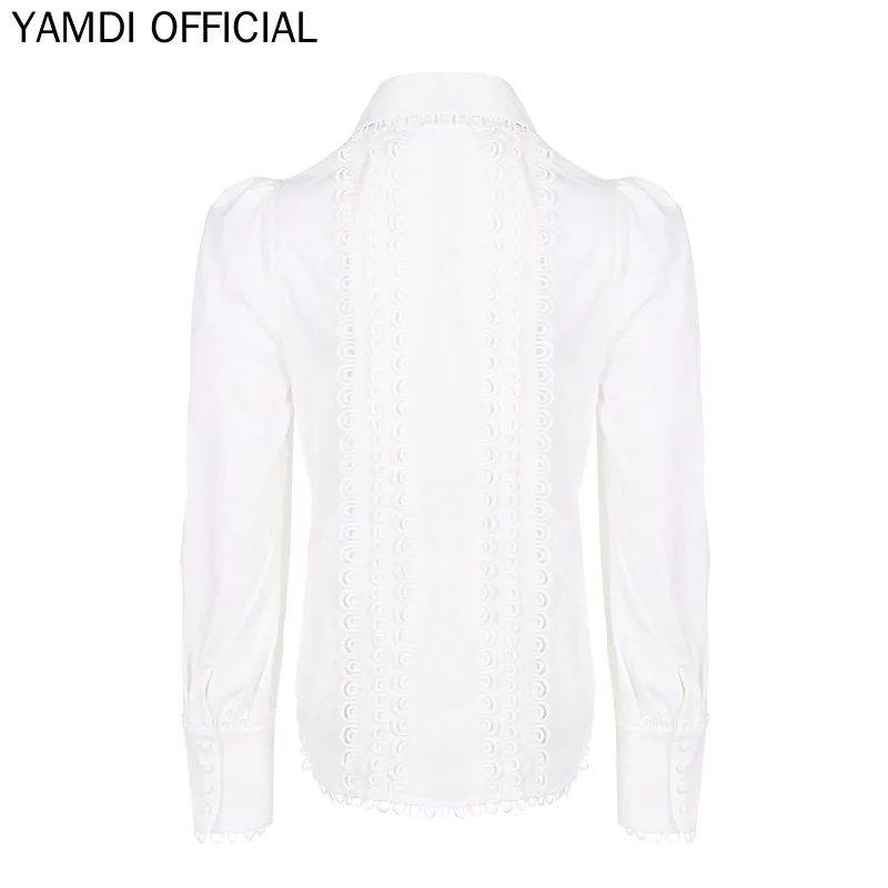YAMDI однотонная белая блузка рубашка Женская Кнопка выдалбливают шикарные дизайнерские блузки Подиум Женская Осень Зима ужин Мода Новинка