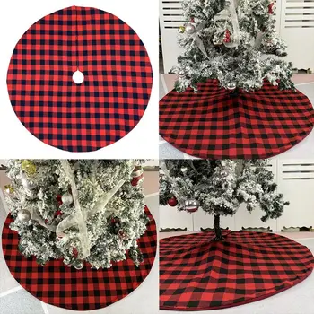 

48 Inch Black Red Grid Christmas Tree Skirt Base Floor Mat Cover Ornament Decor