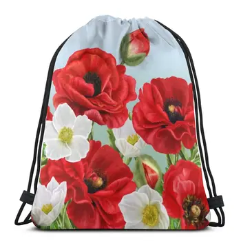 

Border Red Poppies Flowers And White Anemones Bag Outdoor Fitness Drawstring Beam Mouth Backpack Sports Bag Travel Backpack