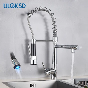 

ULGKSD LED Spring Pull Down Kitchen Sink Faucet Dual Handle Switch Hand Spray Dual Spout Mixer Tap Torneira Para Cozinha
