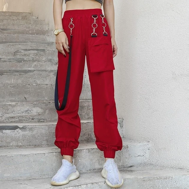 Streetwear Cargo mujer Casual Joggers negro Rojo Alta cintura suelta Pantalones coreanos señoras Capris Pantalones _ - AliExpress Mobile