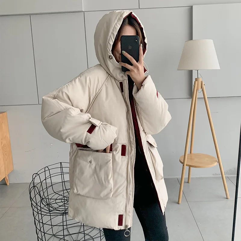 Женское зимнее пальто с длинным рукавом теплое хлопковое капюшоном женские