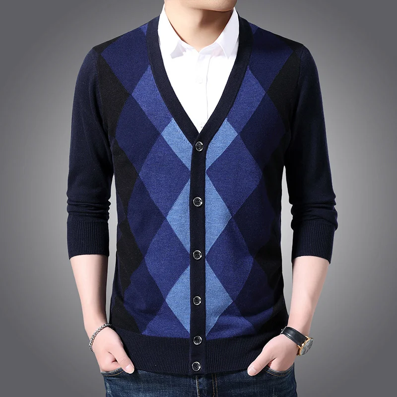 New Fashion Brand 6% Wool Sweaters Mens Cardigan Jumpers Knit V Neck Autumn Patterns Slim Fit Casual Men Clothes - Цвет: Тёмно-синий