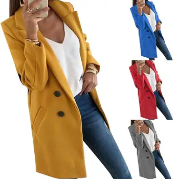 

Solid Color Fashion Women Long Sleeve Lapel Button Overcoat Coat