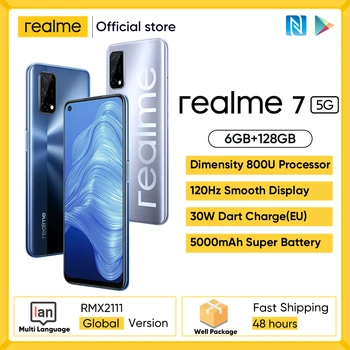Перейти на Алиэкспресс и купить Мировая премьера realme 7 5G Dimensity 800U смартфон 6 ГБ 128 120 Гц Дисплей 48MP Камера 5000 мА/ч, глобальная Версия Dart Charge 30 Вт