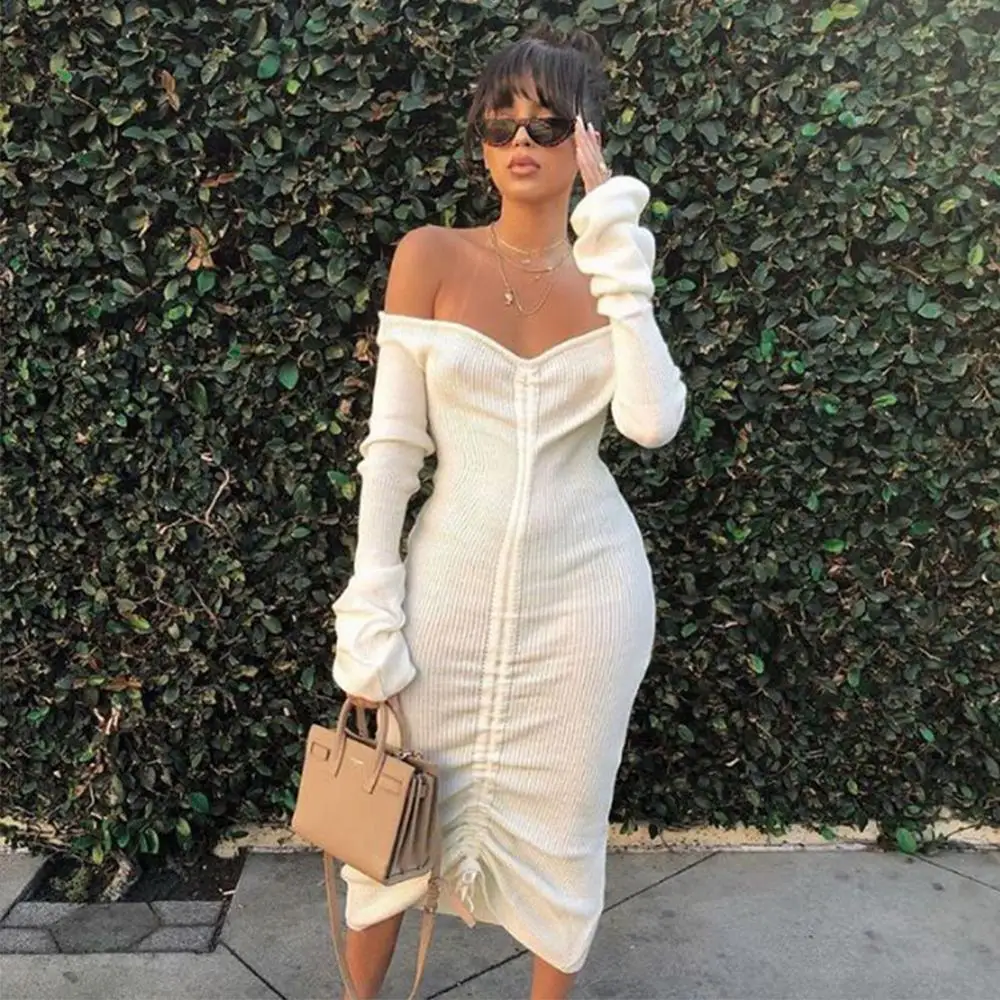 

Sexy Drawstring Bandage Knitwear Dress Off-shoulder Long Sleeve Club Party Sweater Dress Autumn Winter Off Shoulder Maxi Dress
