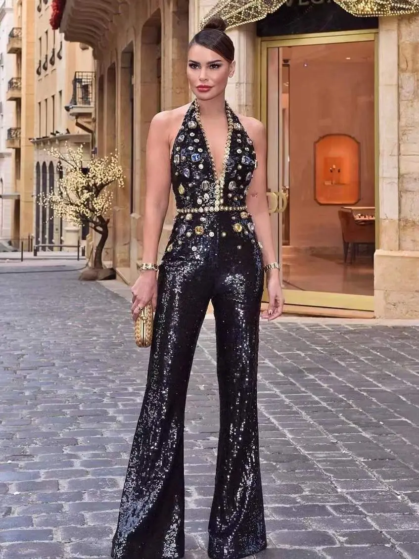 Fashion Sequin Print V-neck Jumpsuit Women Office Lady Elegant Sleeveless  Jumpsuit Casual Overalls For Women - Jumpsuits - AliExpress