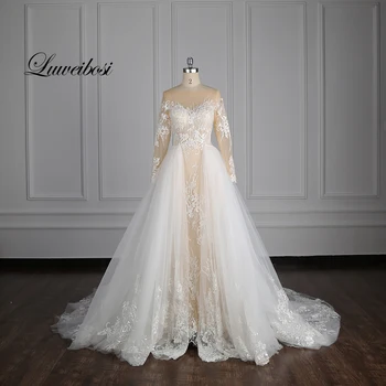 شراءفستان زفاف بحورية البحر طويل الأكمام Vestido De Novia صورة حقيقية 100% مع ذيل قابل للانفصال الدانتيل فستان زفاف JC090