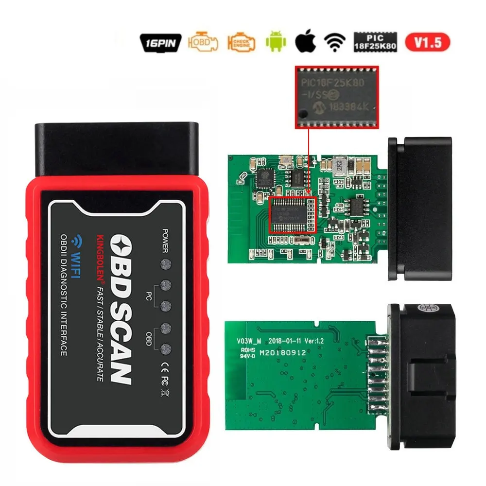 OBDSCAN WIFI V1.5 OBD2 ELM327 V1.5 Bluetooth/WI-FI автомобильный диагностический инструмент ELM 327 считыватель кода OBD чип PIC18F25K80 работы Android/IOS/окна автомобиля 12 V - Цвет: OBDSCAN WIFI V1.5