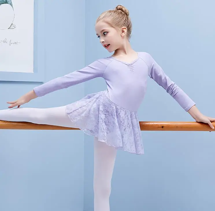 Lilac Хлопковая одежда с длинным рукавом кружевная юбка балетный танцевальный купальник детям практиковать Одежда для танцев, балета платье для детей S/M/L 3 цвета C0058 - Цвет: Lilac