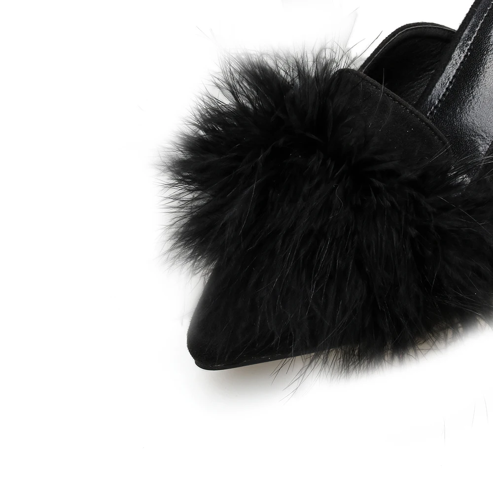 NIUFUNI/черные женские шлепанцы с острым носком и натуральным мехом; сандалии с закрытым носком; модные женские шлепанцы на низком каблуке 7 см; женская обувь; Размеры 35-40