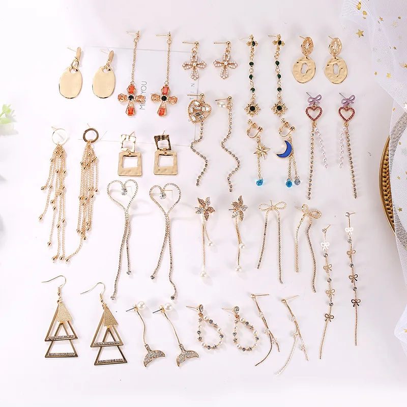 

2019 New Metal Imitated Rhinestone Pearl Geometric Heart Bow Long Drop Earrings for Gir Women Fashion Jewelry Accessories