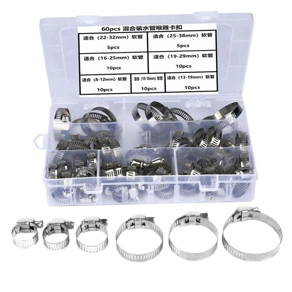 60Pcs Single Ear Hose Clamps Water Pipe Hose Clamp Mixed Assorted Set for Sealing Hose Stainless Steel