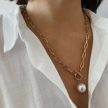 

Zuowen Fashion Pearl Pendant Necklace for Women Wedding Party Punk Big Bead Lariat Long Chain Chunky Necklace Jewelry XL835